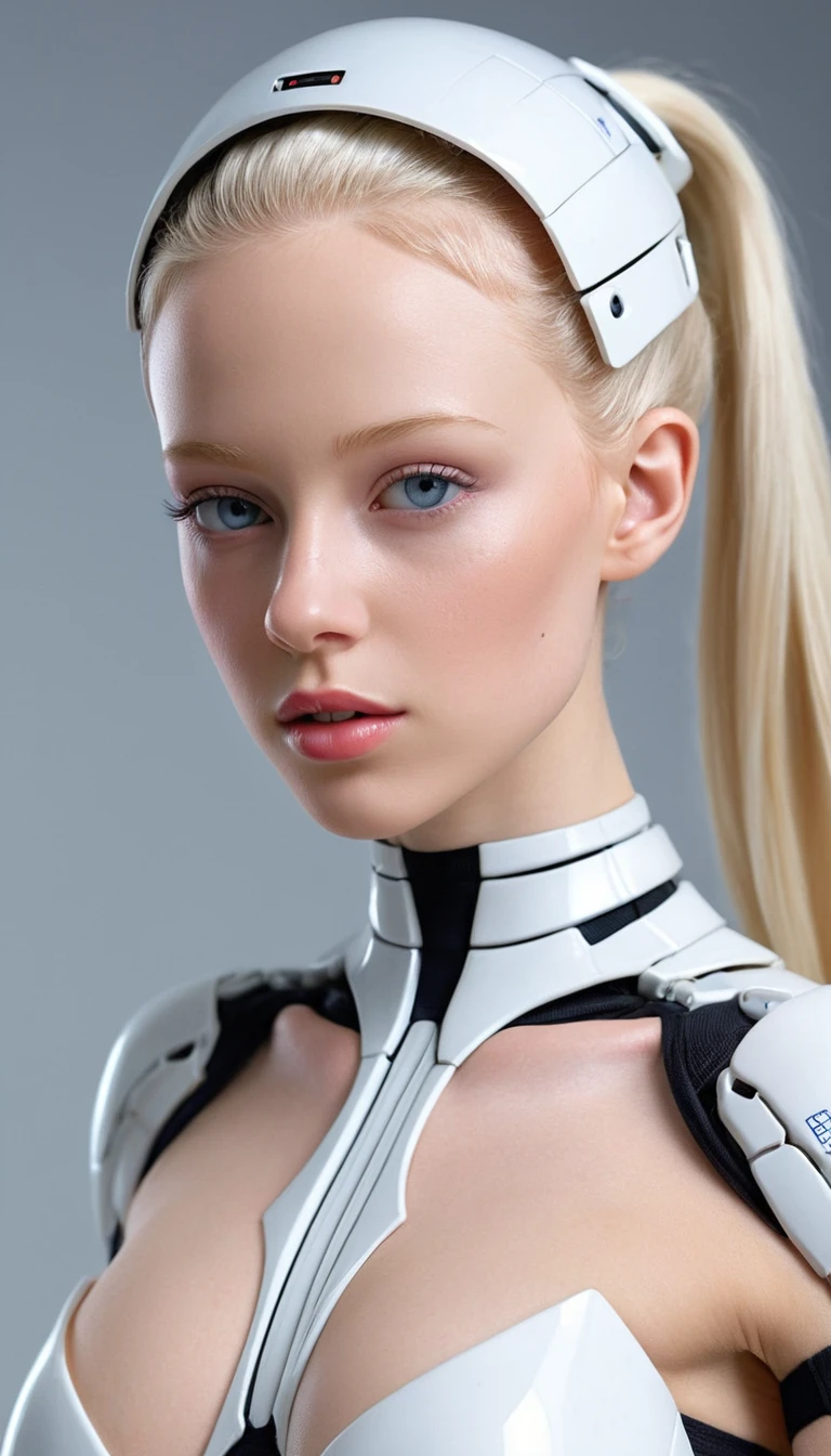 Retrato em close de mulher de ficção científica com capacete cibernético