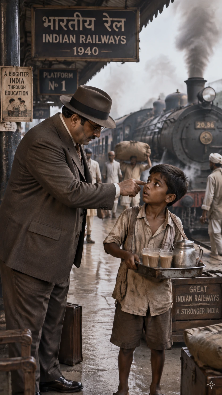 Young tea seller boy on a 1940s Indian train platform