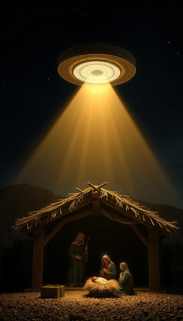 Realistica scena della Natività notturna con astronave aliena luminosa