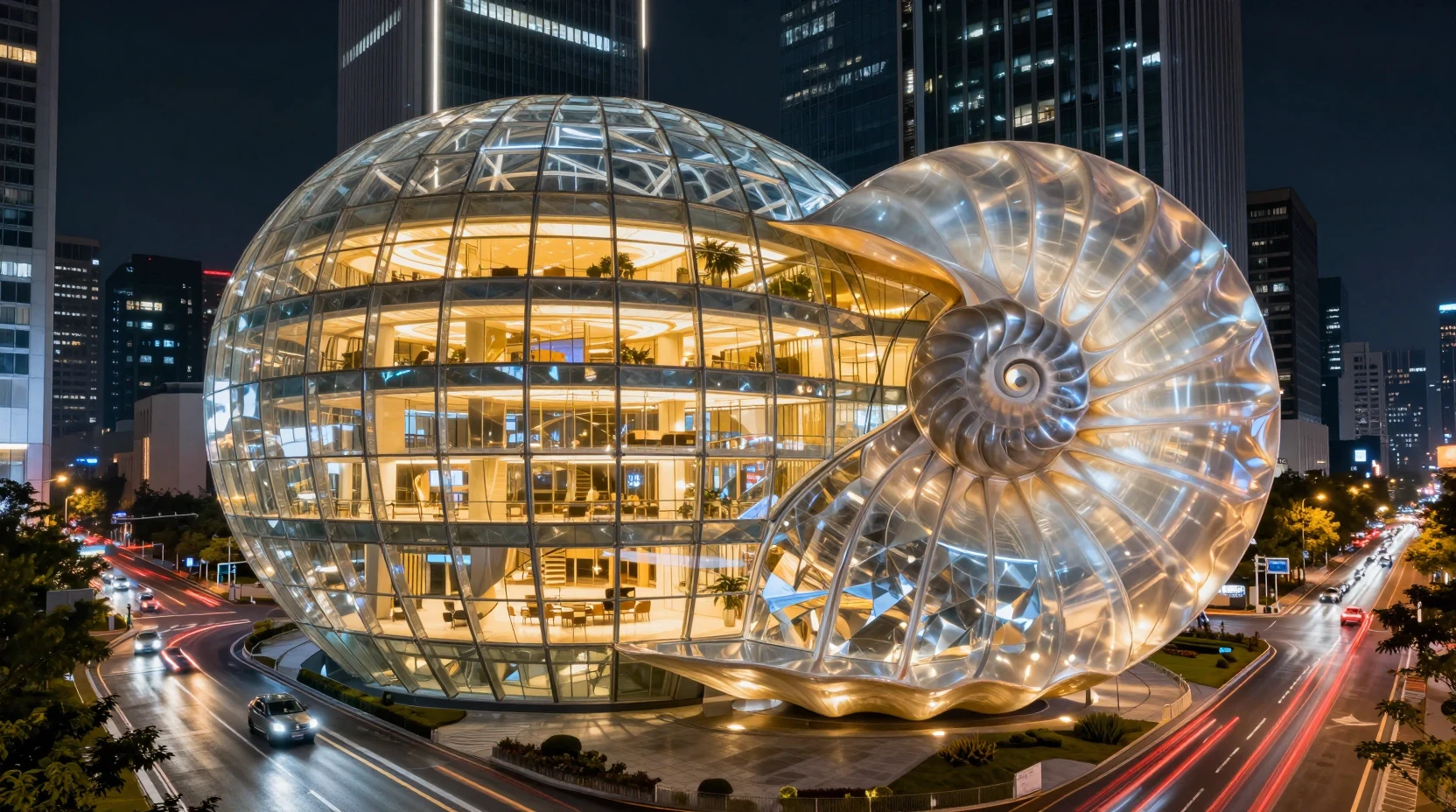 Museu futurista de vidro brilhando sobre uma rua da cidade à noite