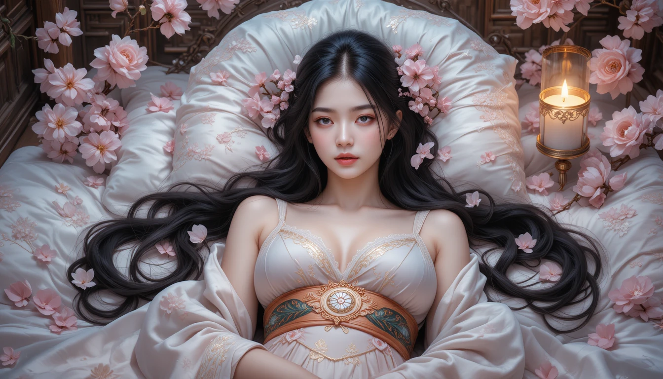 Mulher reclinada em cama japonesa com flores de cerejeira