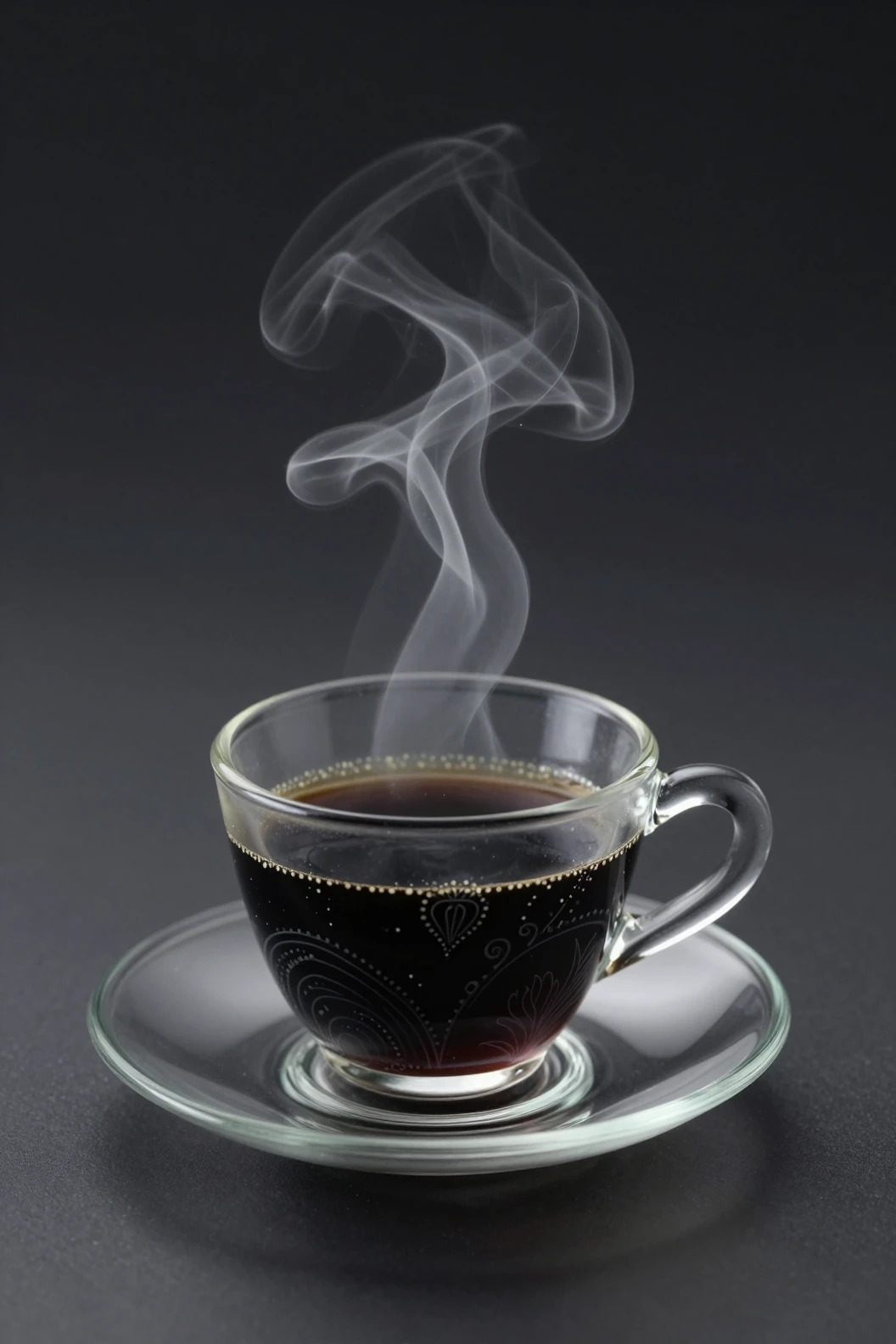 Tasse à café en verre translucide avec vapeur montante sur fond sombre