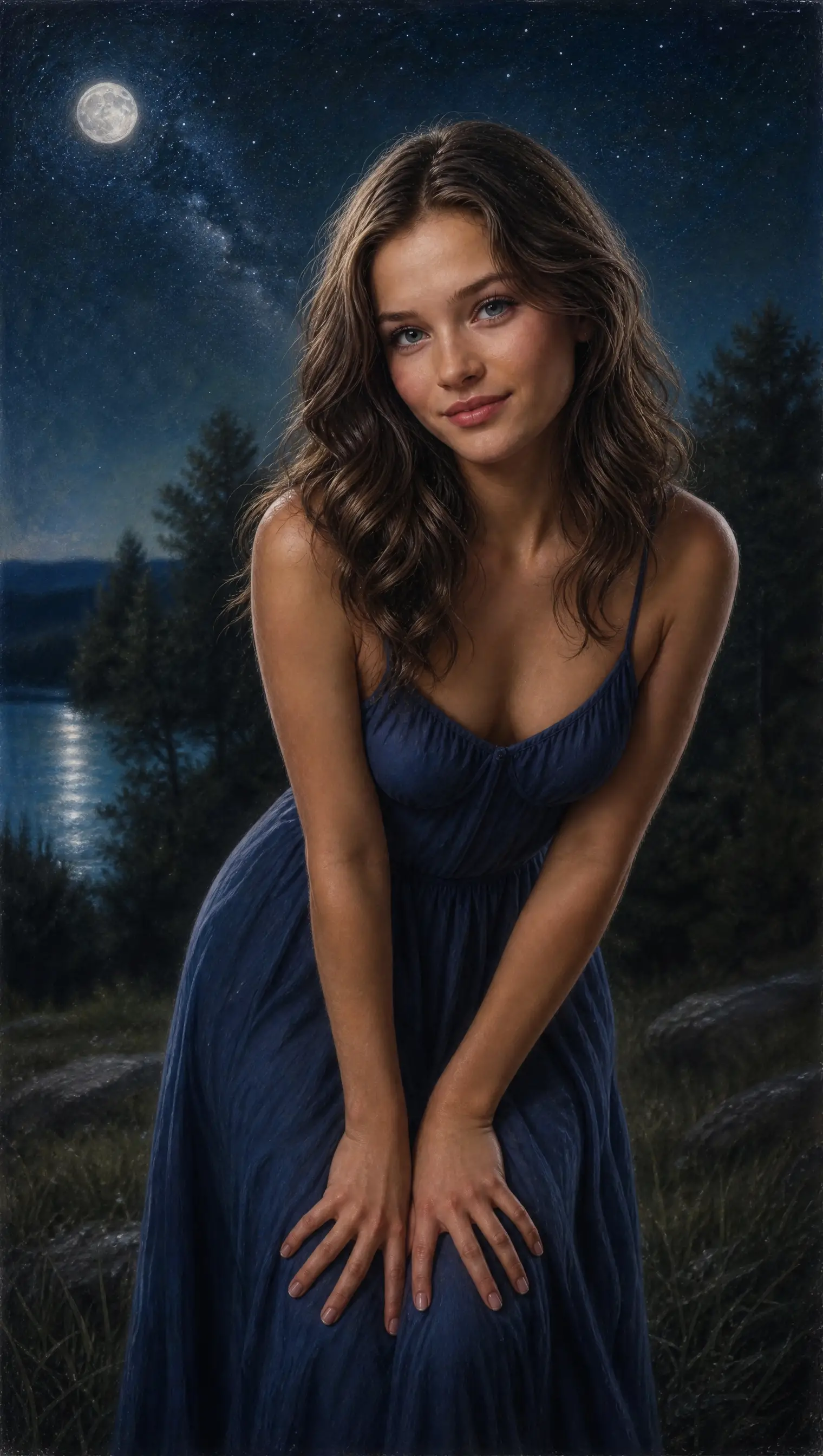 Girl in midnight blue sundress under a soft starry sky