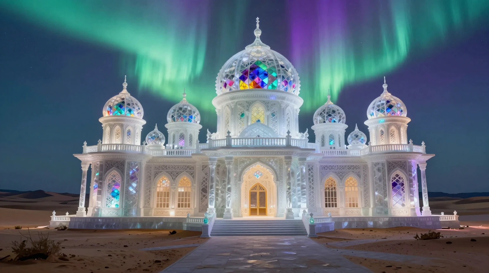 Palais de verre en cristal illuminé sous de vives aurores boréales