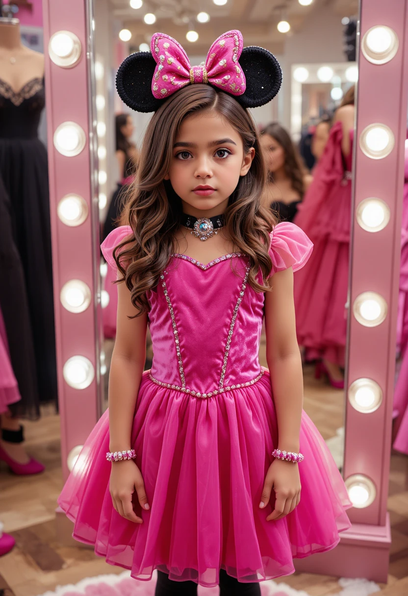 Garoto nervoso posando com vestido de princesa da Minnie rosa