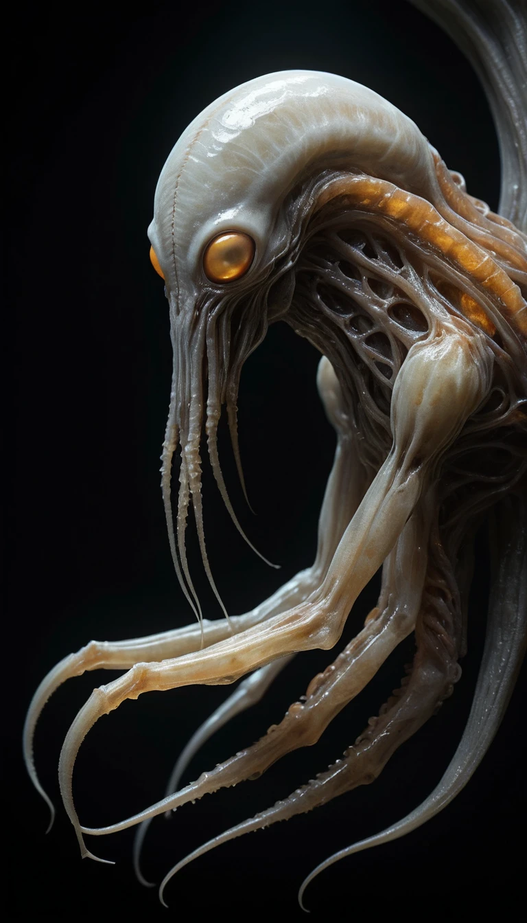 Figure alien géante dans une chambre organique lumineuse
