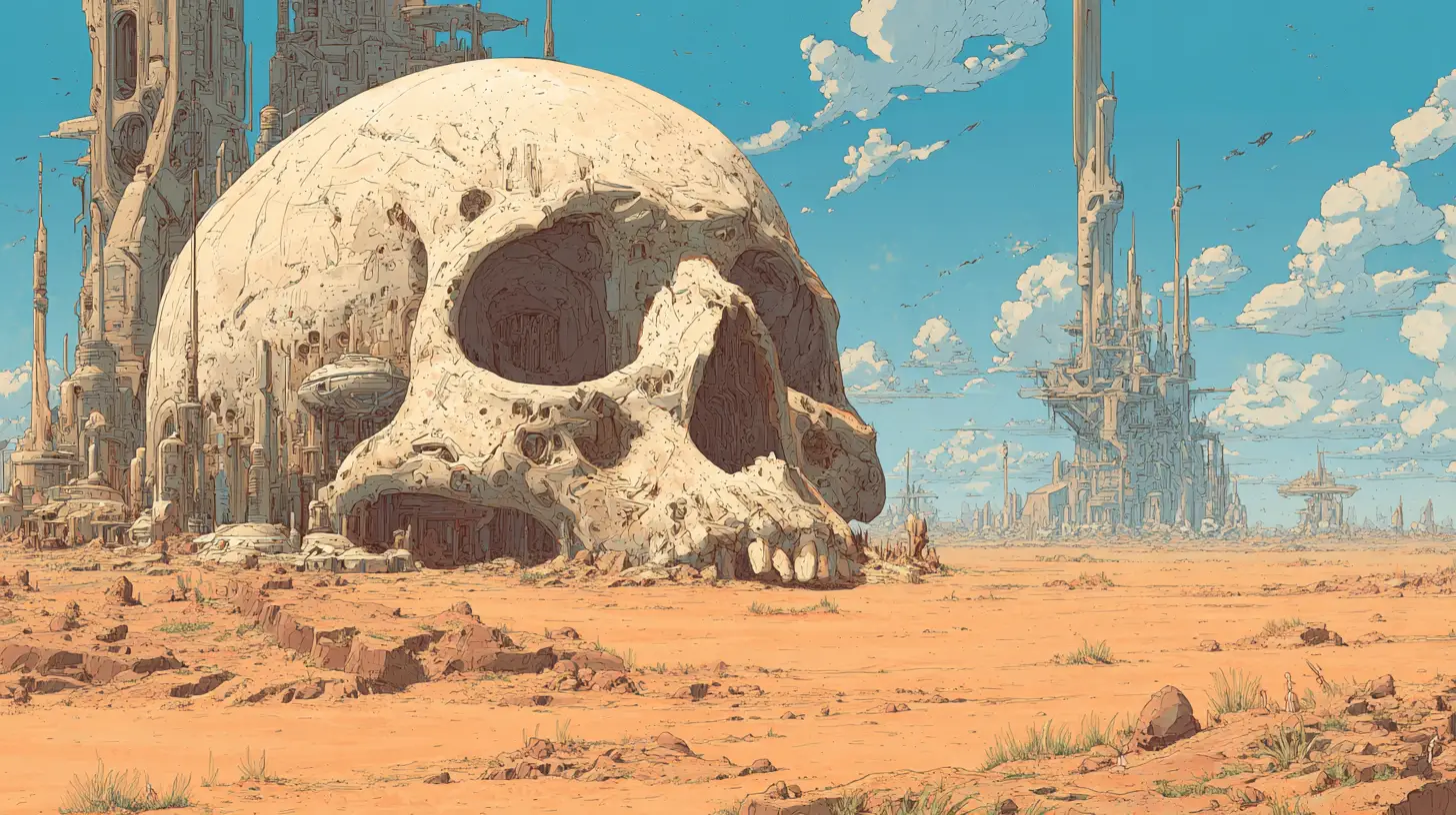 Cité crâne d’extraterrestre émergeant d’un vaste monde désertique