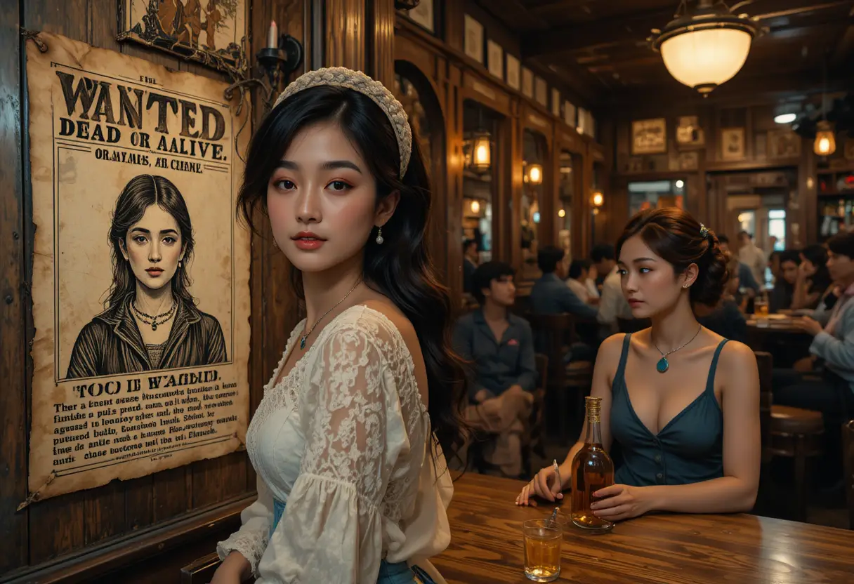 Cowgirl studying a wanted poster in a dim tavern
