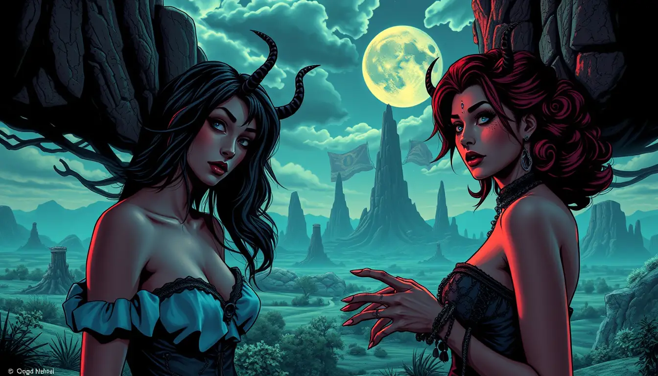 Surreal dark comedy scene with three glamorous women