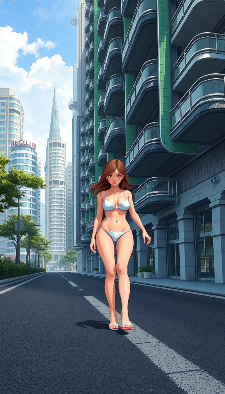 Garota de anime em pixel art caminhando por uma rua futurista da cidade