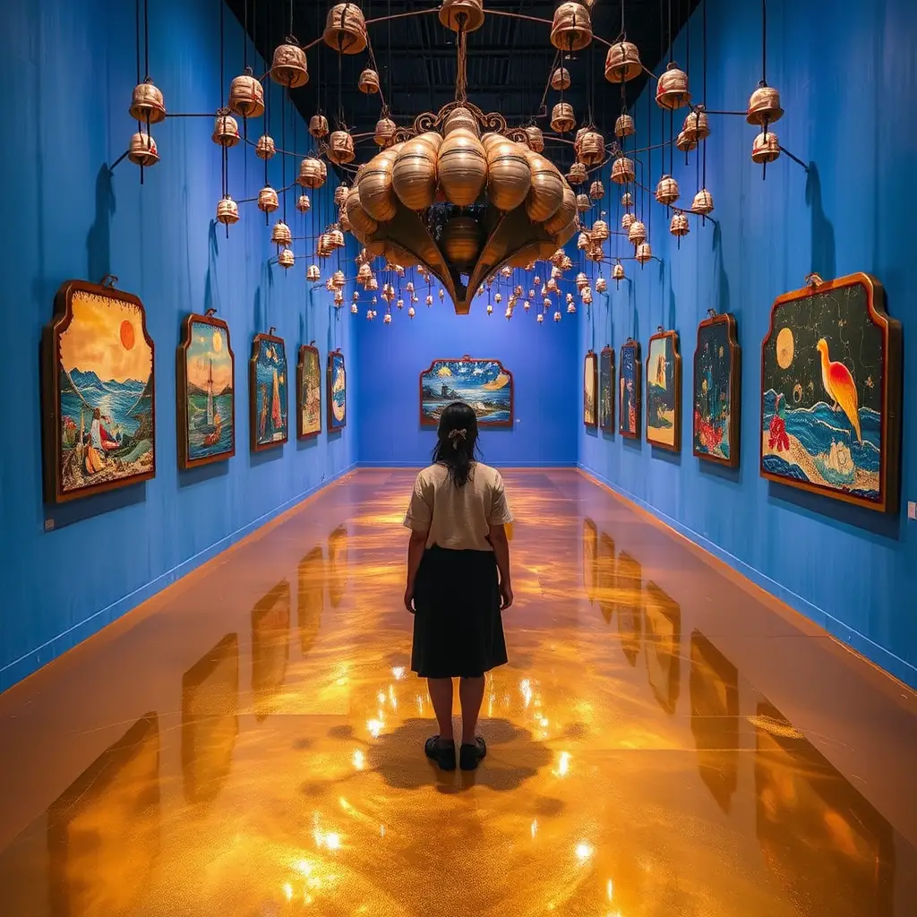 Besucher betreten einen spiegelnden goldenen Boden in einer Fantasie-Galerie