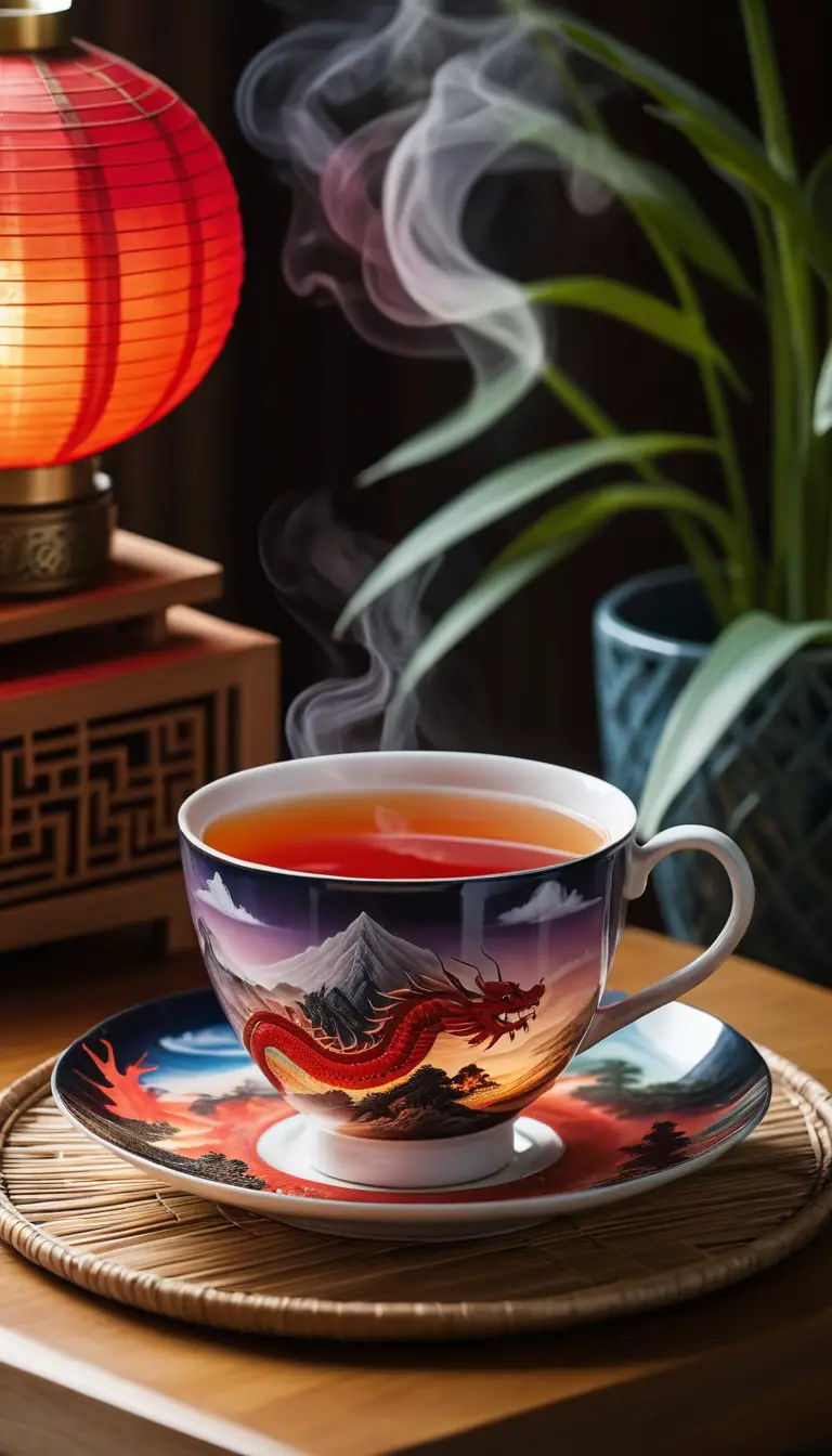 發光的中國茶杯與龍形星雲蒸氣