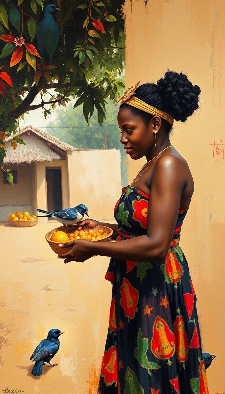 Jovem moçambicana compartilhando comida em um quintal rural