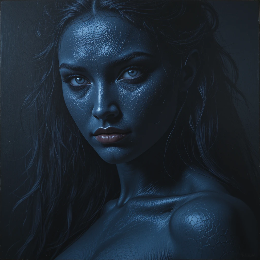 Ritratto di dea dalla pelle blu scuro in ombra drammatica