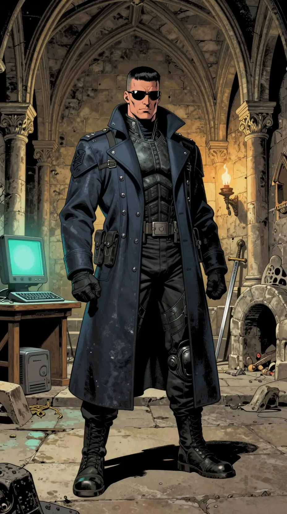 Grim futuristic soldier standing in an ancient gothic crypt