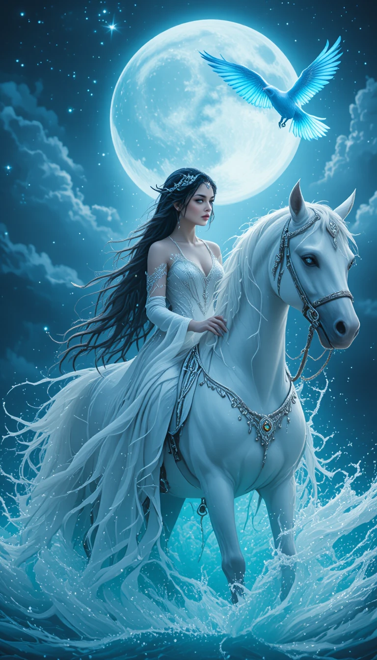 Mujer élfica montando un caballo blanco bajo una luna brillante