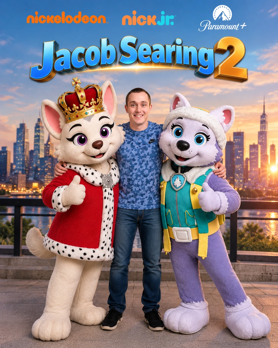 Adult man standing between two large friendly mascots