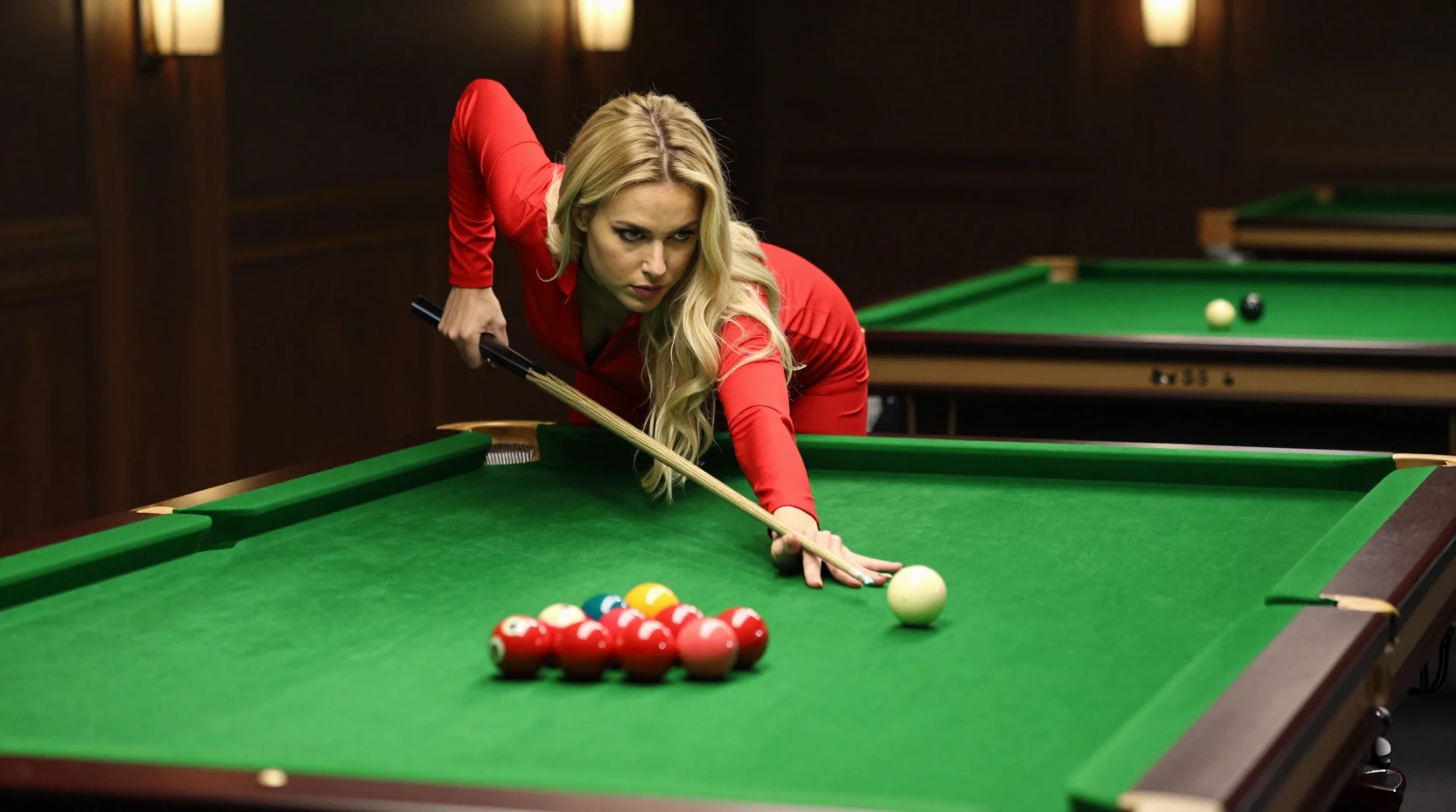Mulher loira de roupa vermelha executando uma saída precisa no snooker