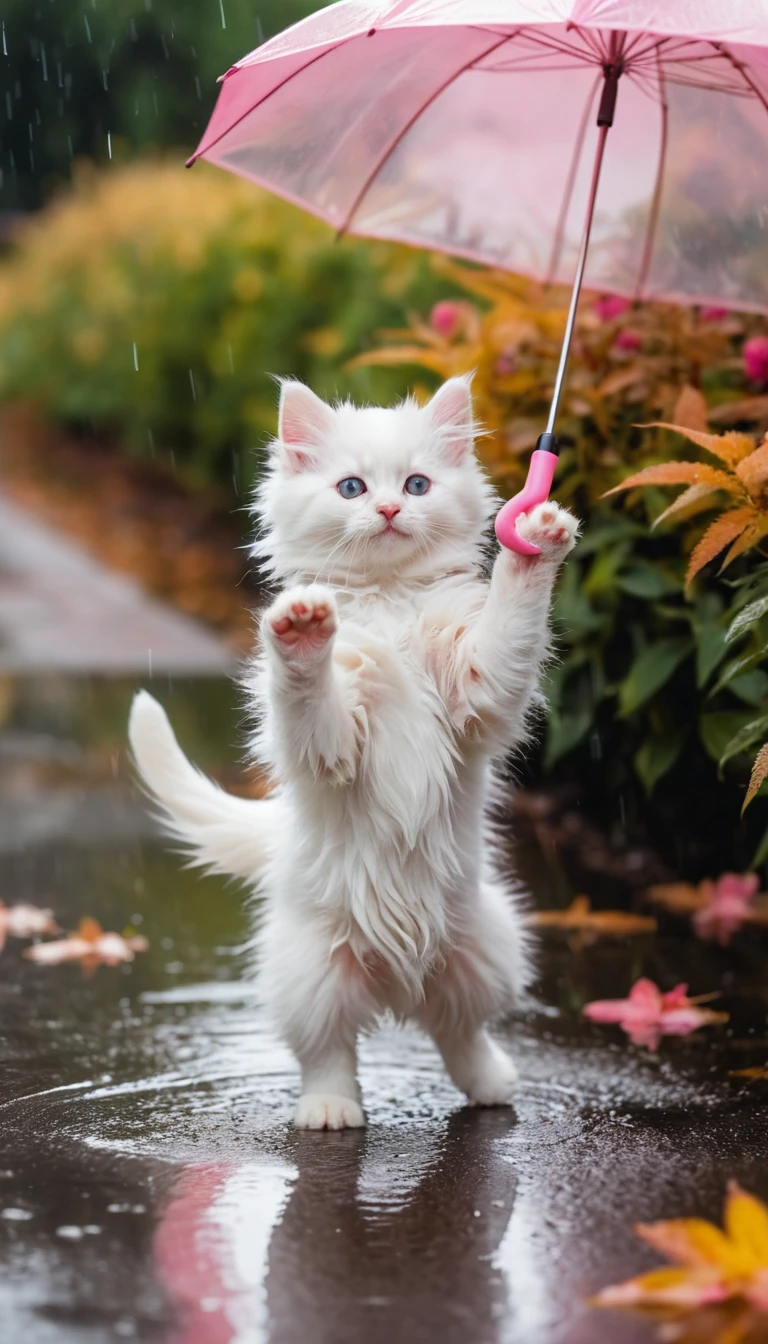 Adorable chaton blanc dansant dans une flaque avec un parapluie rose