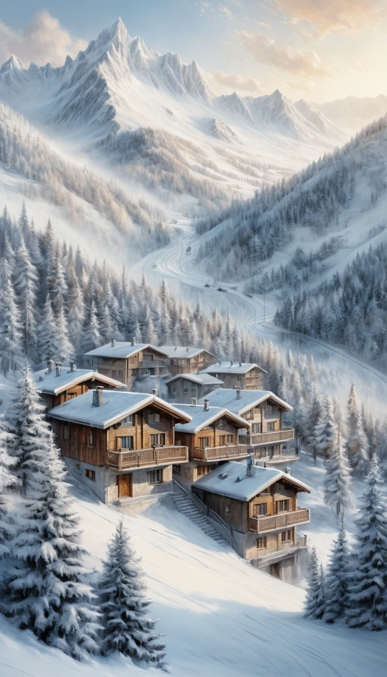 Bas-relief de village de montagne alpin avec pistes de ski enneigées