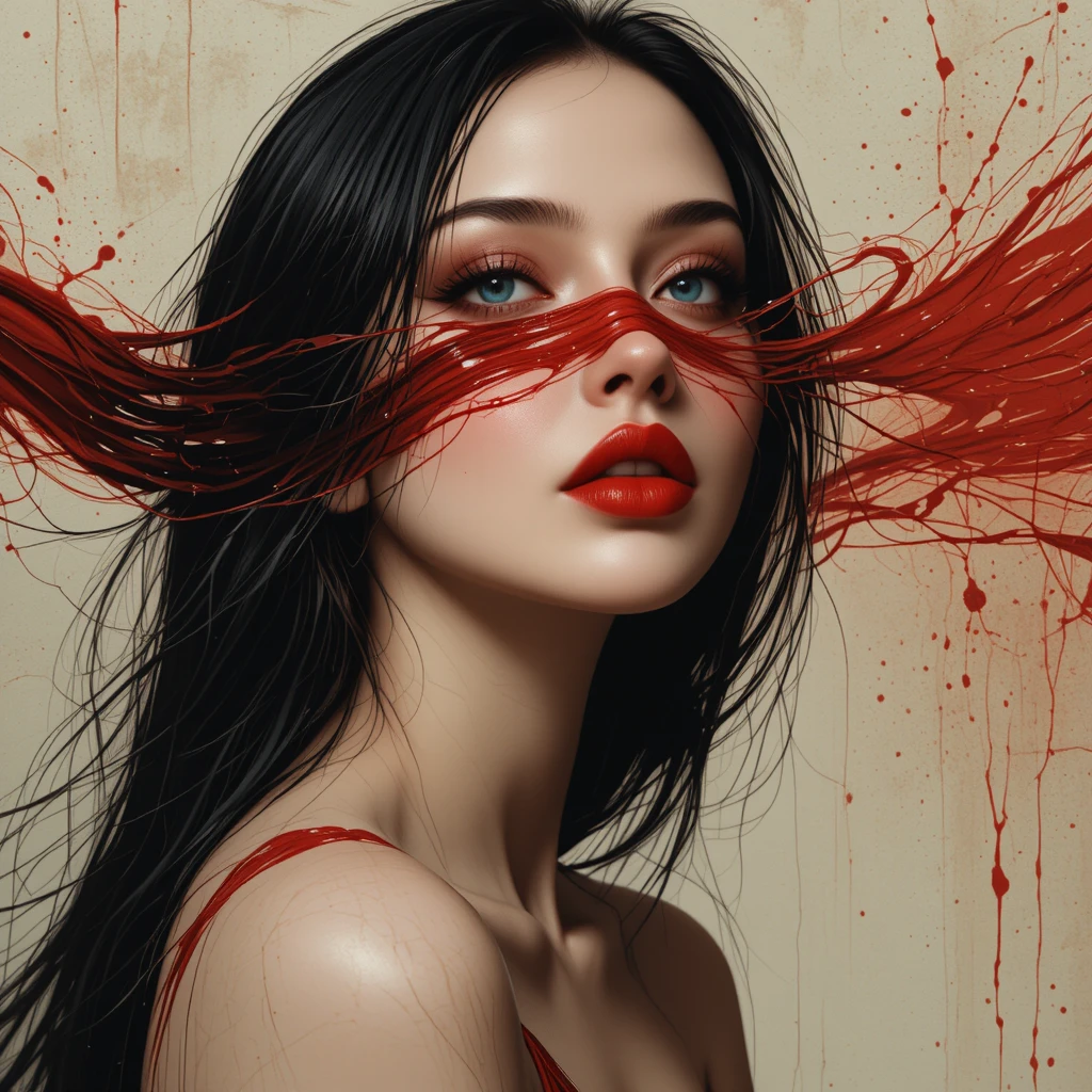 Retrato em close de mulher etérea atrás de véu vermelho em espiral