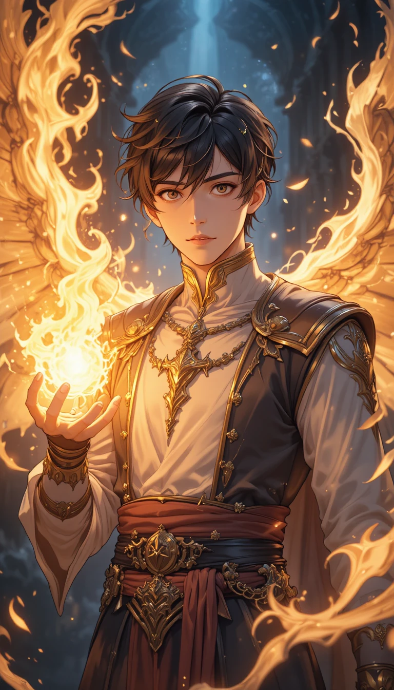 Jovem em estilo anime fundido com um poderoso fênix de fogo