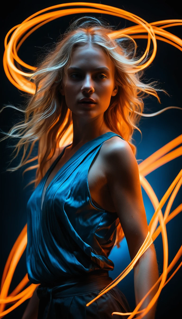 Young woman surrounded by swirling neon light trails