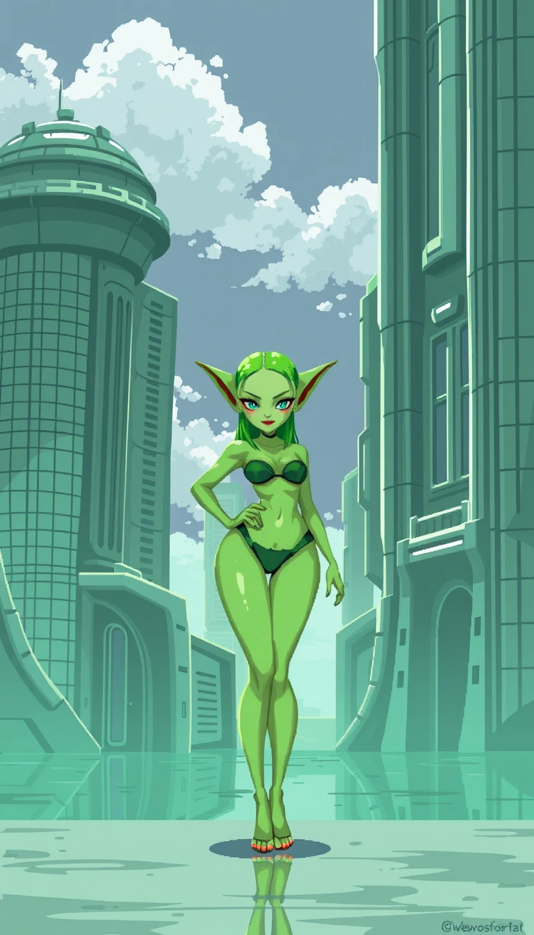 Garota alienígena verde em paisagem urbana futurista em pixel art