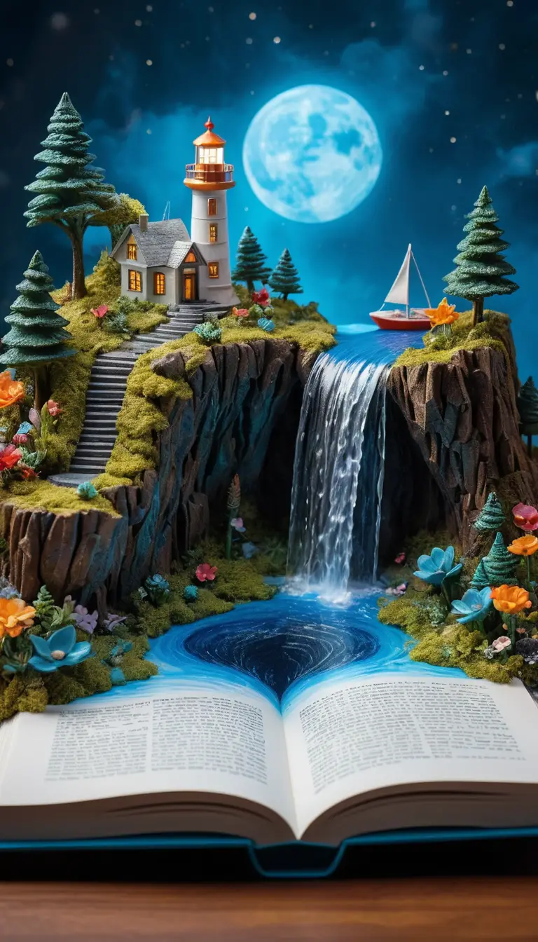 Nahaufnahme einer fantastischen Wasserfallwelt, die aus einem offenen Buch entsteht
