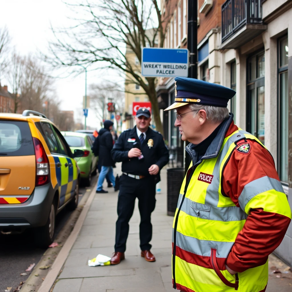 Policier réprimandant un homme pour des déchets jetés dans la rue