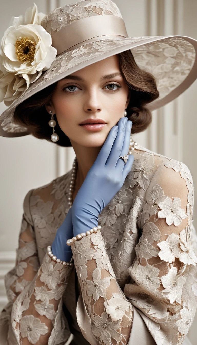 Elegant woman in lace hat with flowers and pearls