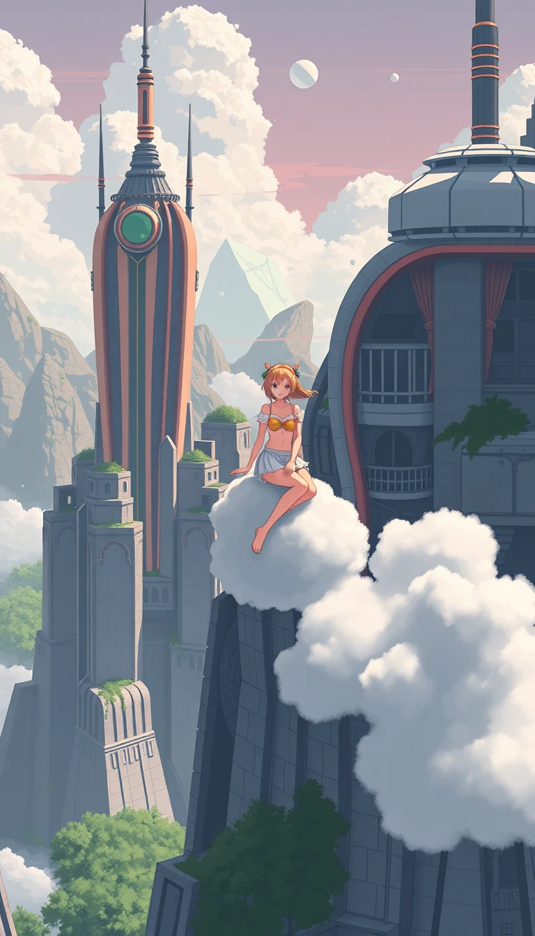 Adorable fille d’anime chevauchant un nuage au-dessus d’une ville futuriste