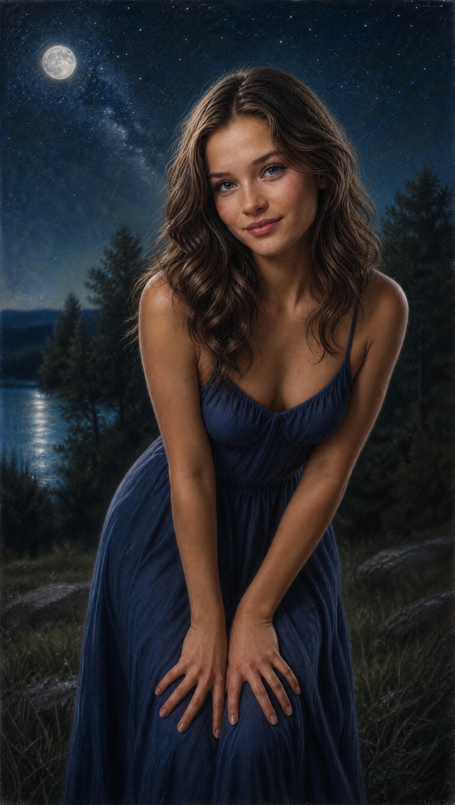 Girl in midnight blue sundress under a soft starry sky