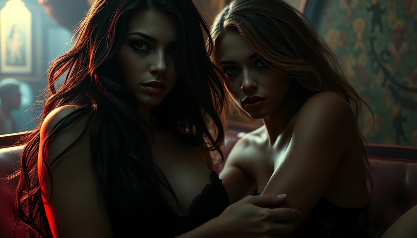 Cena sombria e surreal com duas mulheres adultas fotorrealistas