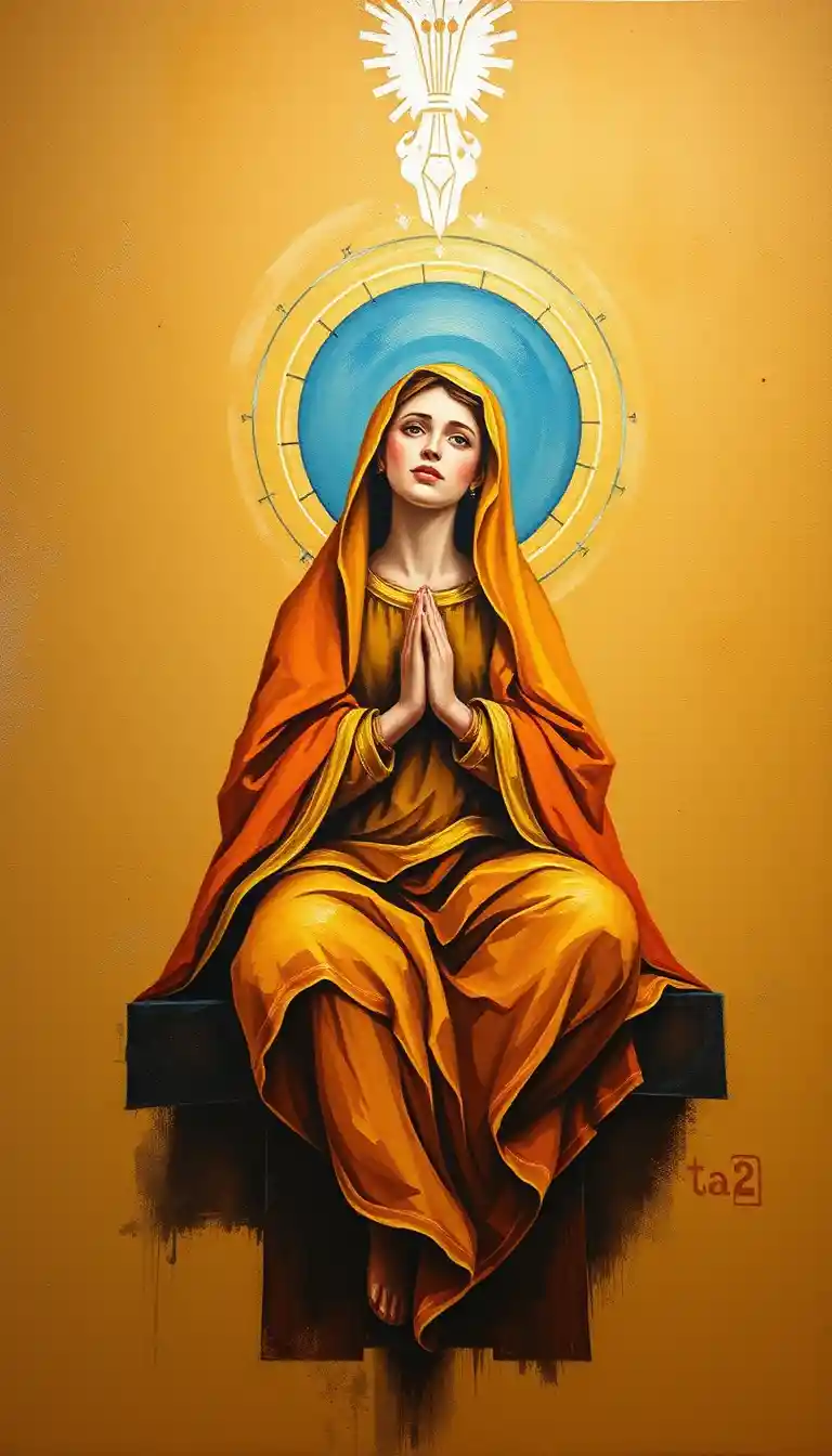 Seated woman in a dim earthy cave with soft aura