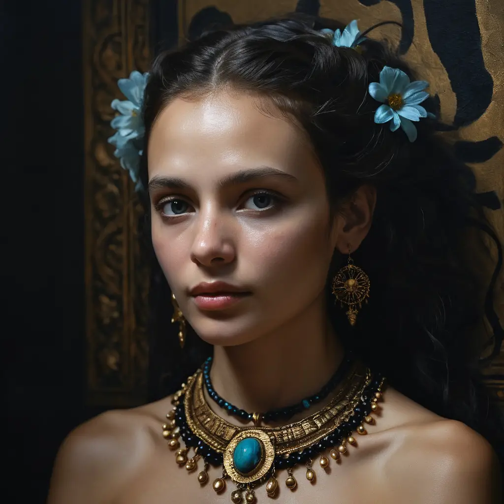 Retrato de diosa azul oscura con iluminación dramática en low key