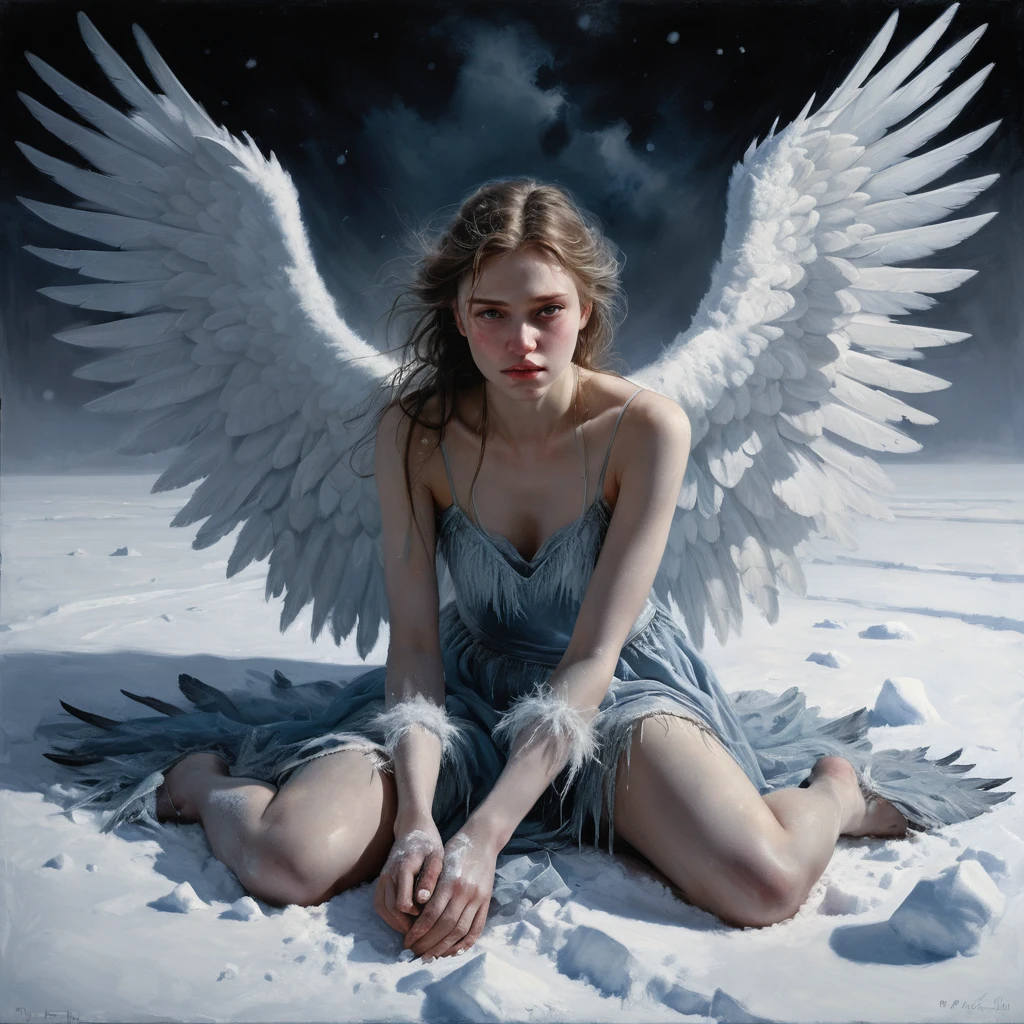 Femme ange déchue enchaînée dans un champ de neige gelé au clair de lune