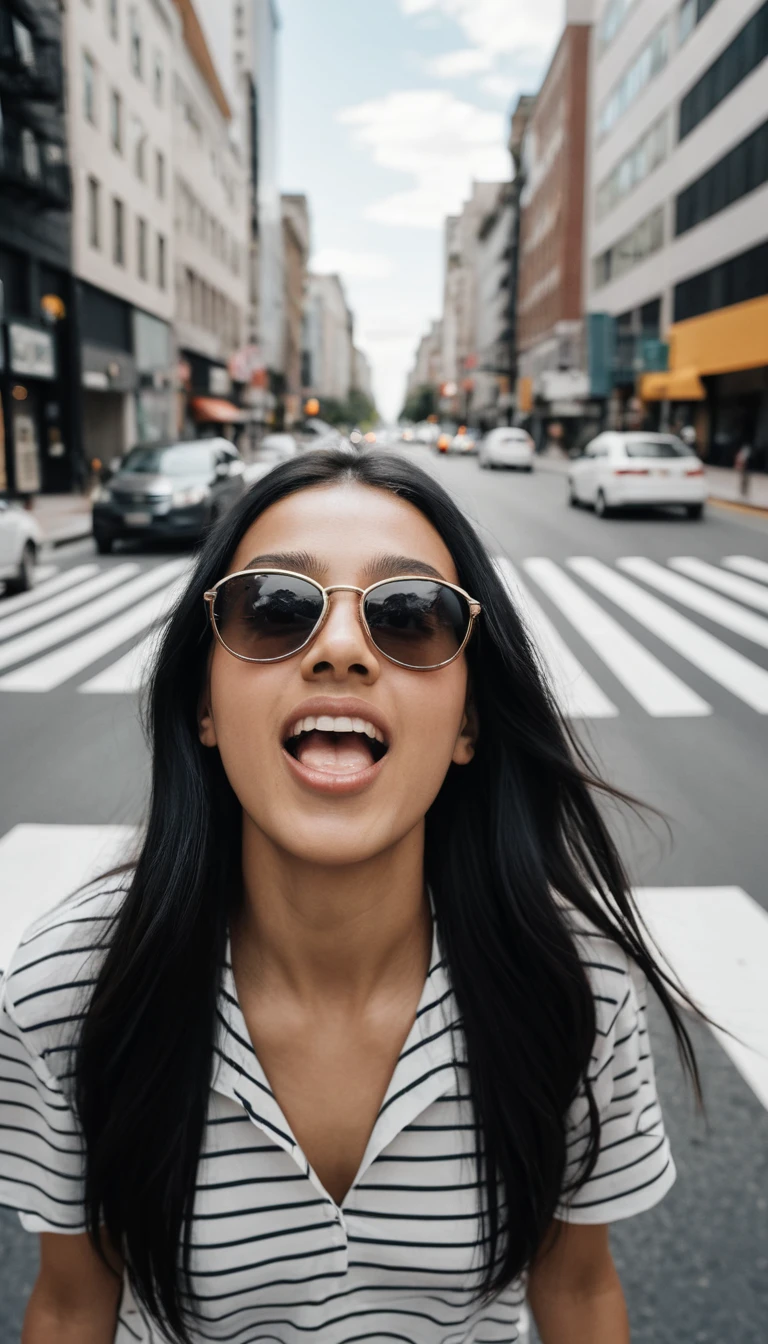 Mulher alegre gritando para cima em uma faixa de pedestres na cidade