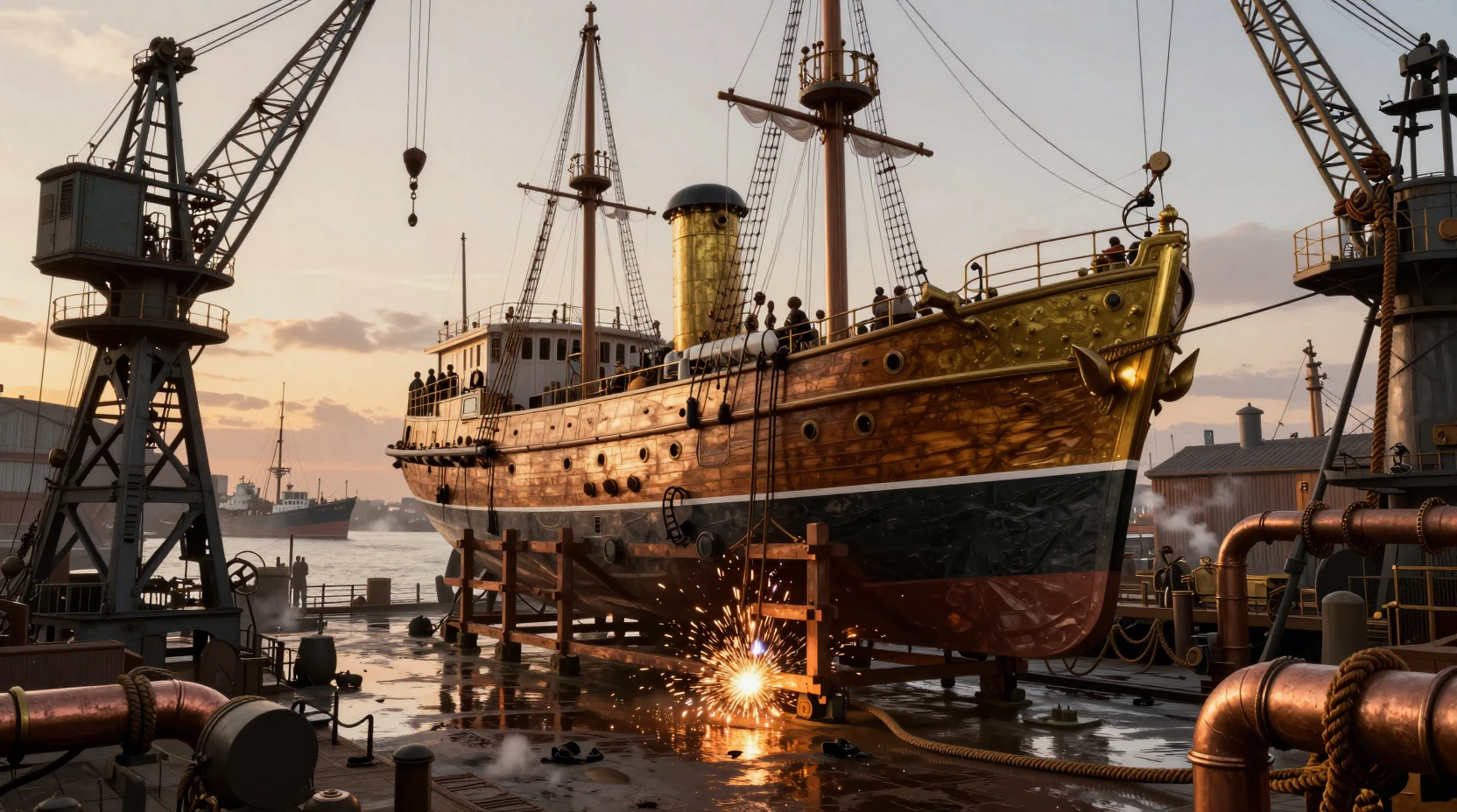 Steampunk Ship Under Repair In A Victorian Harbor Drydock