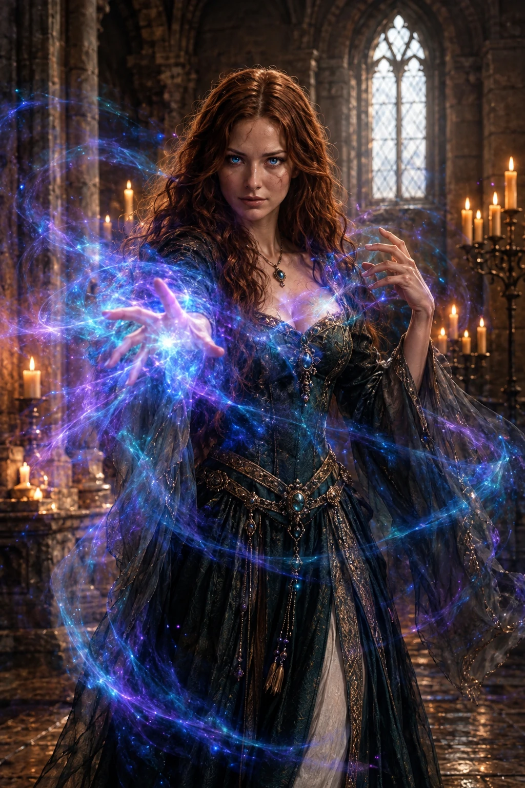 Retrato em estilo renascentista de uma feiticeira conjurando magia azul
