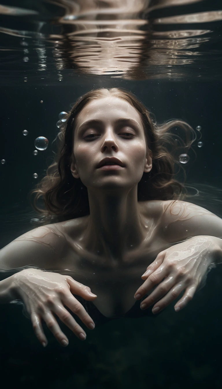 Femme bercée par d’immenses mains translucides dans une eau sombre