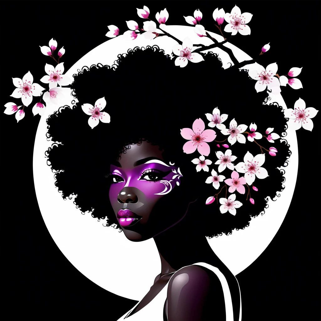 Silhueta de mulher com afro floral feito de flores de cerejeira