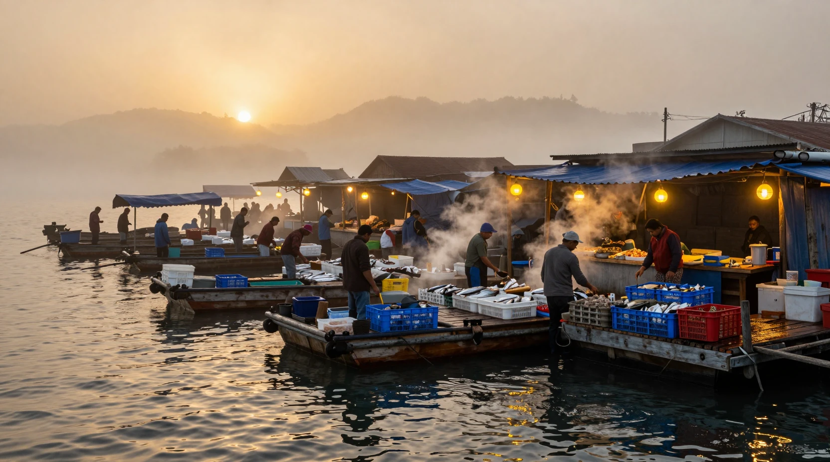 Golden dawn over a foggy coastal harbor fish market