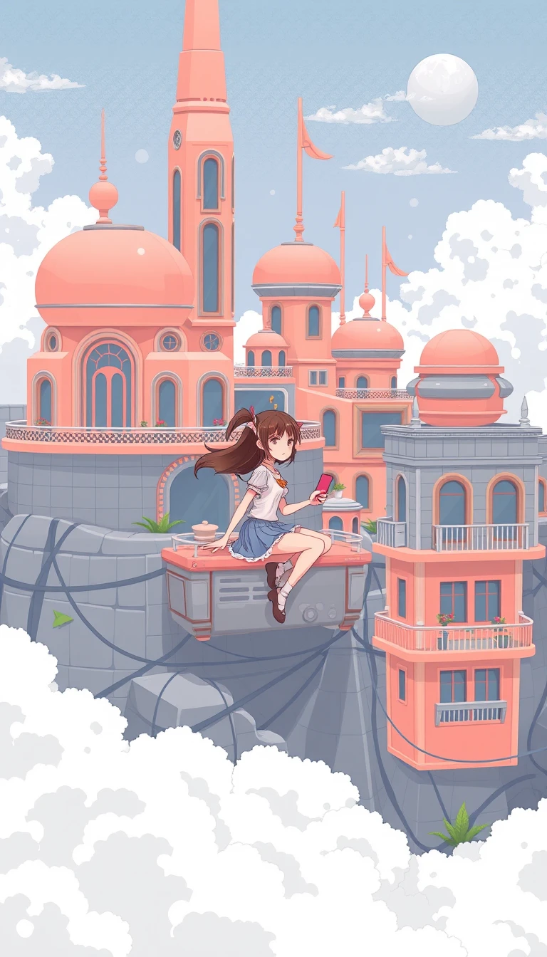 Jolie fille chevauchant un nuage au-dessus d’une ville fantastique en pixel art