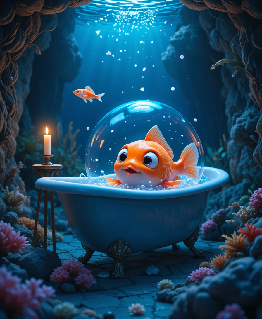 Peixe-dourado 3D bem-humorado tomando banho em banheira afundada no oceano