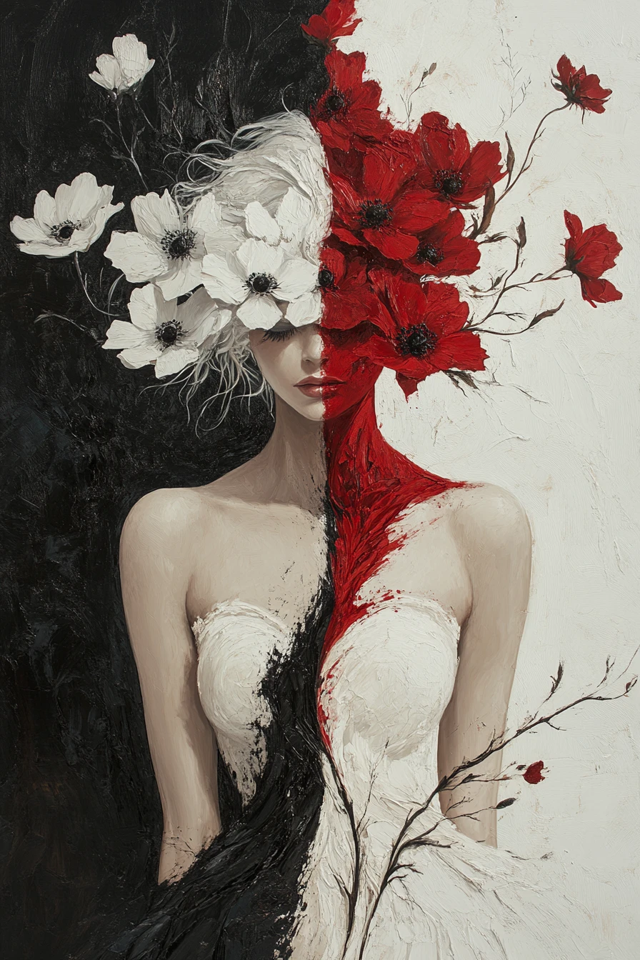 Mulher elegante em branco, vermelho e preto com simbolismo floral