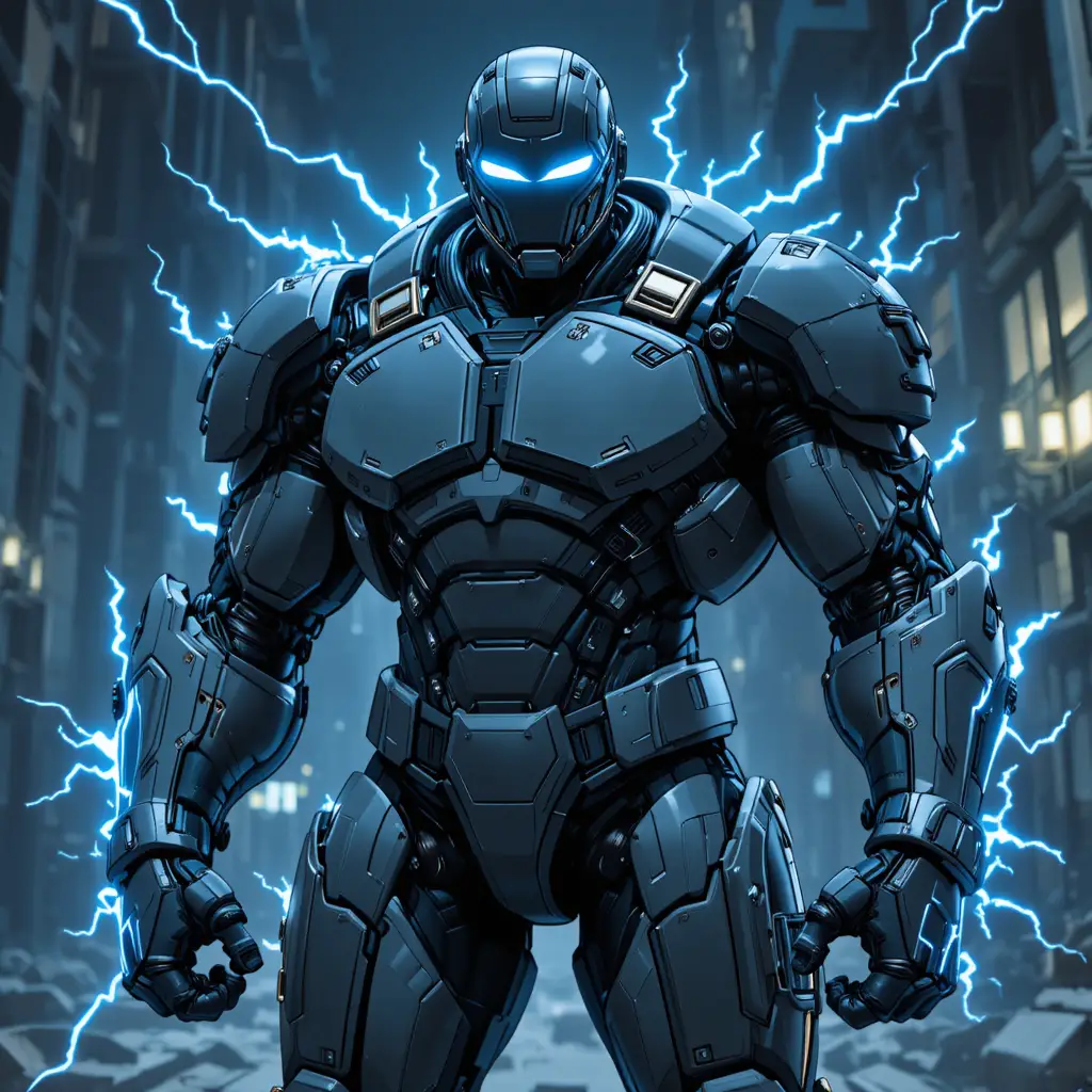 Gepanzerter Cyborg im massiven Exoskelett mit leuchtendem Visier
