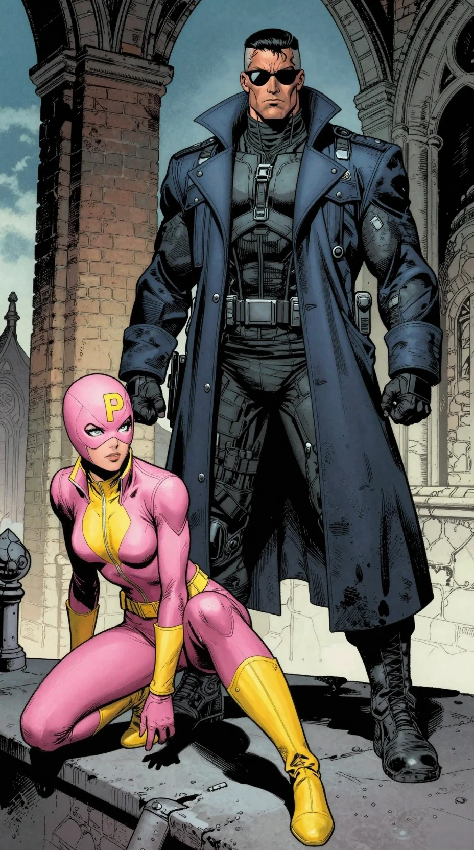 Super-heroína mascarada de rosa agachada em um telhado urbano à noite