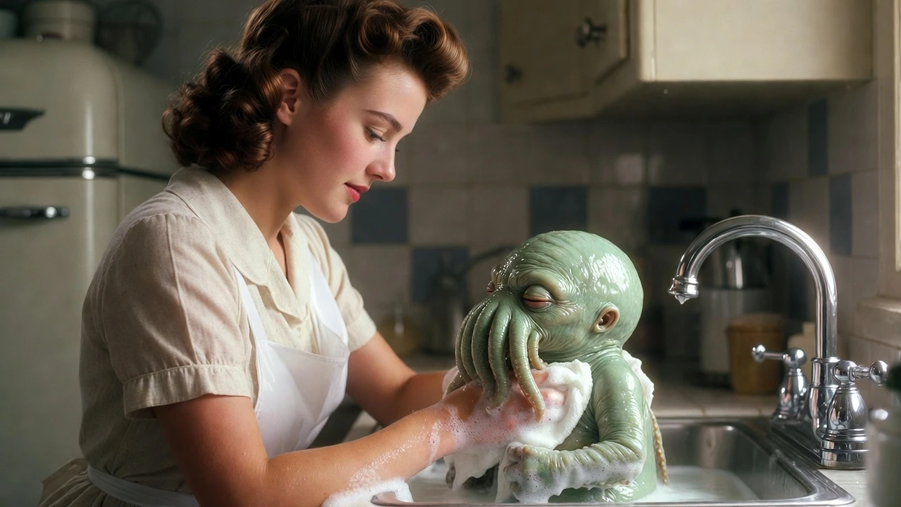 Giovane madre che fa il bagnetto a un baby Cthulhu in un lavello da cucina vintage