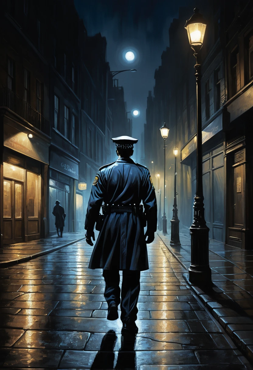 Policial solitário caminhando por uma rua calma da cidade à noite